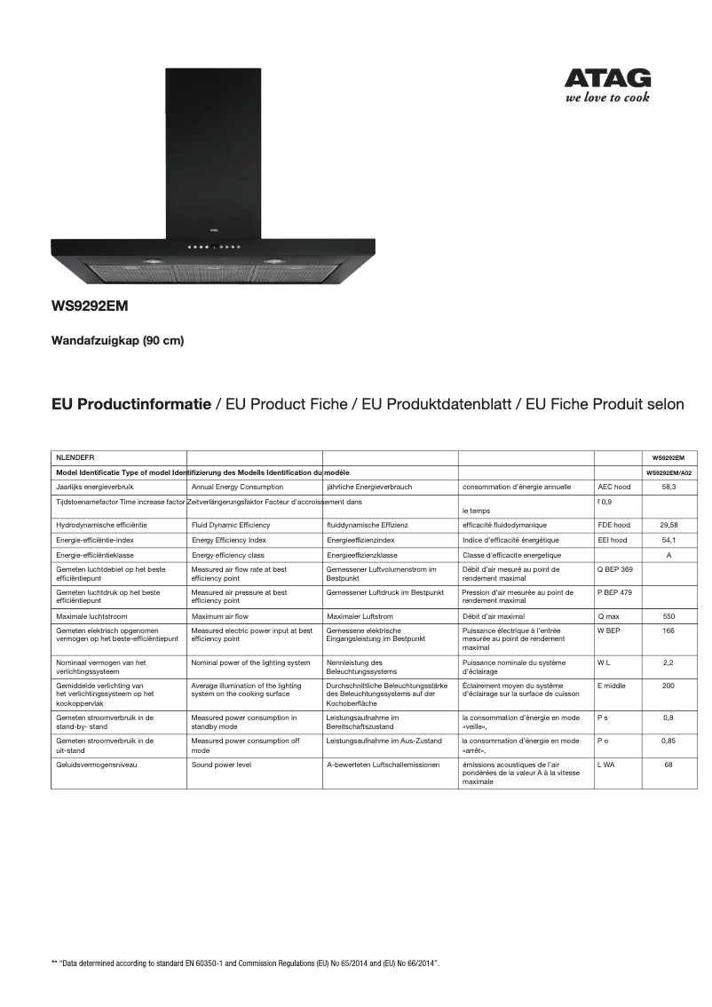 Page 1 de la notice Fiche technique Atag WS9292EM
