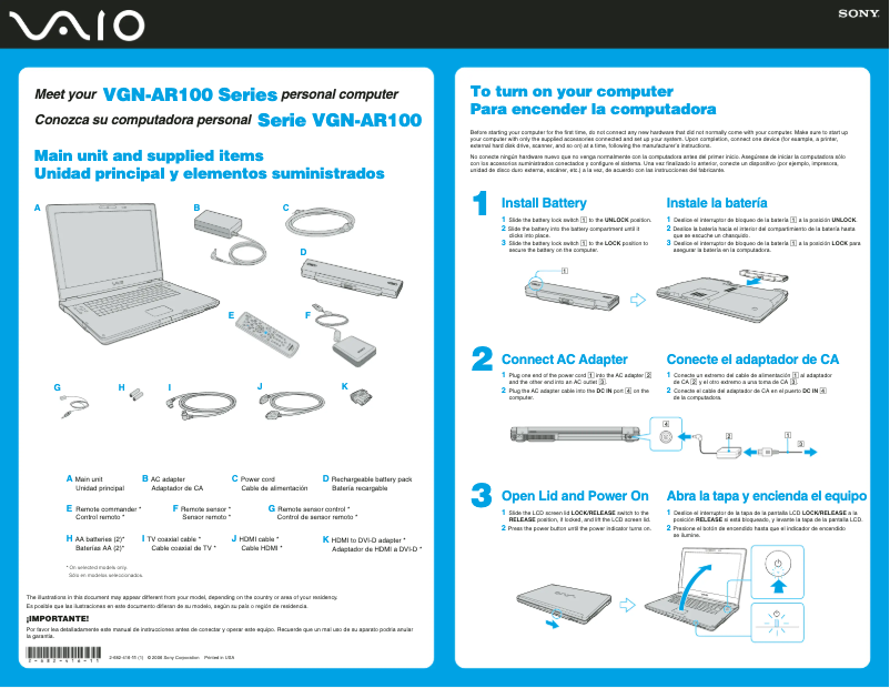 Page 1 de la notice Guide d'installation Sony Vaio VGN-AR170P