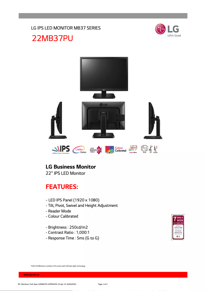 Página 1 del manual Ficha técnica LG 22MB37PU