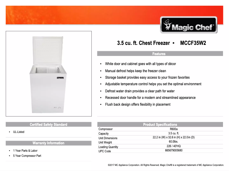 Page 1 de la notice Fiche technique Magic Chef MCCF35W2