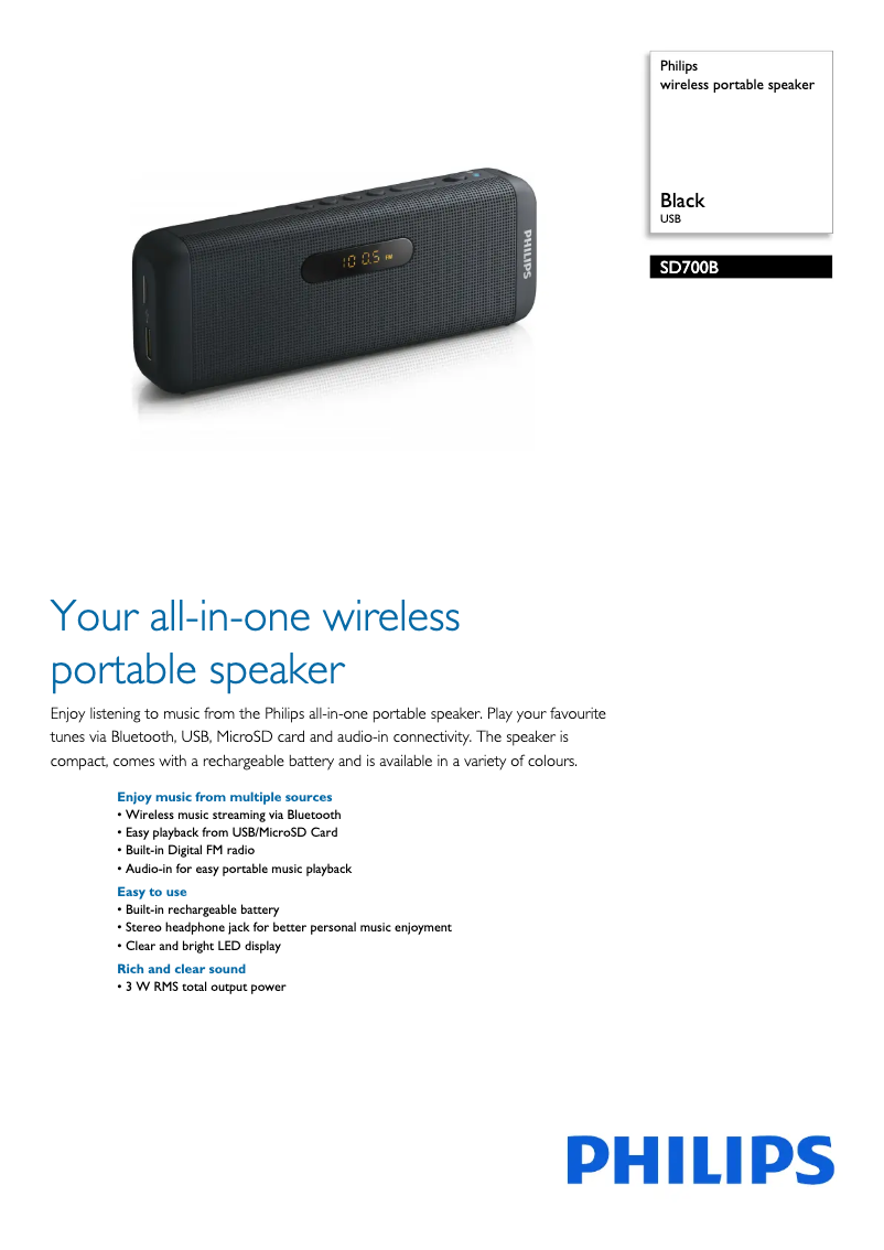 Page 1 of the manual Technical Sheet Philips SD700