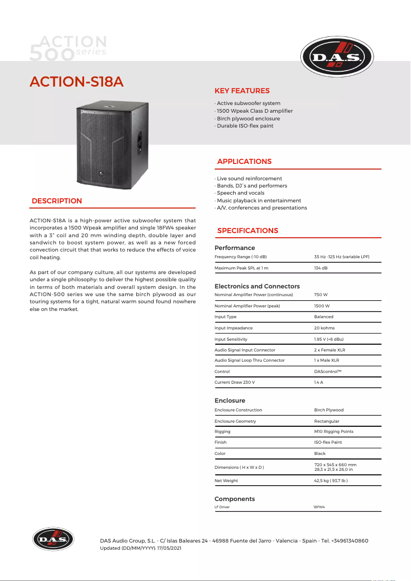 Page 1 de la notice Fiche technique DAS Audio Action-S18A