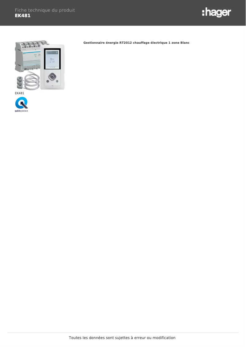 Page 1 de la notice Fiche technique Hager EK481