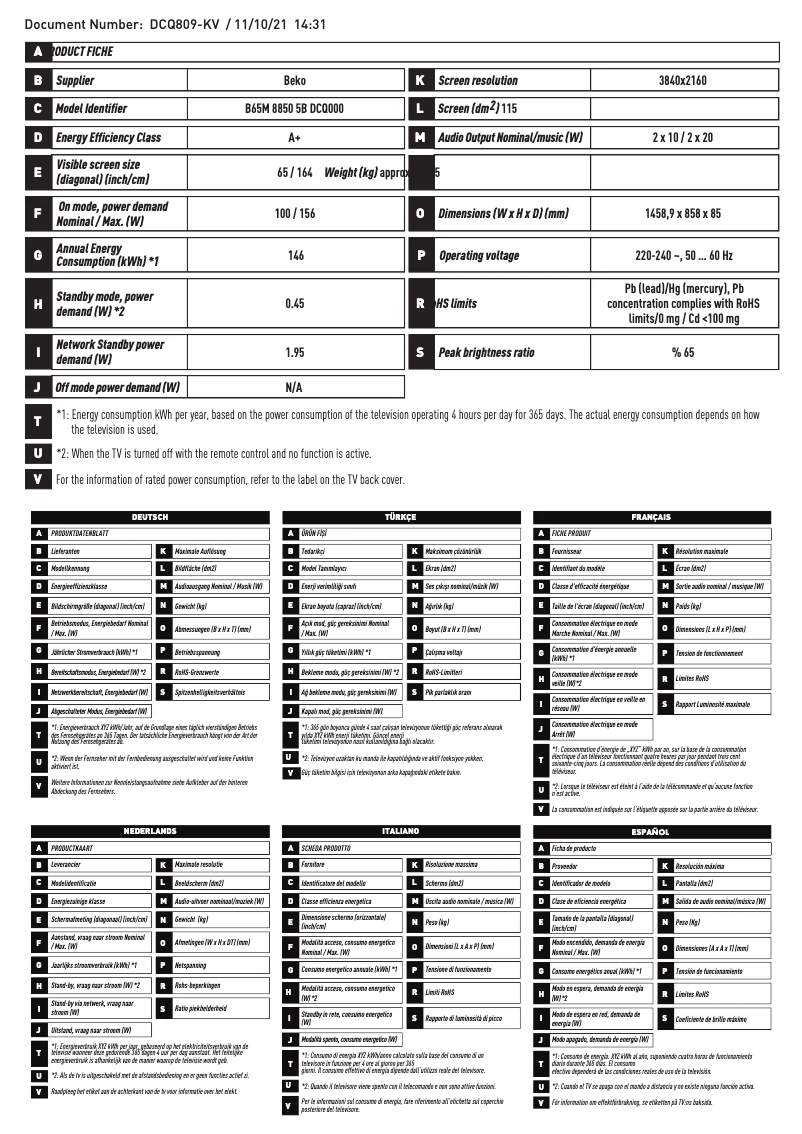 Page 1 de la notice Brochure Beko B65M 8850 5B