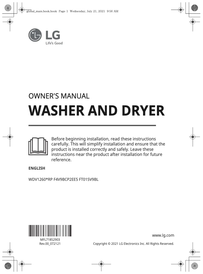 Page 1 de la notice Manuel utilisateur LG WDV1260BRP