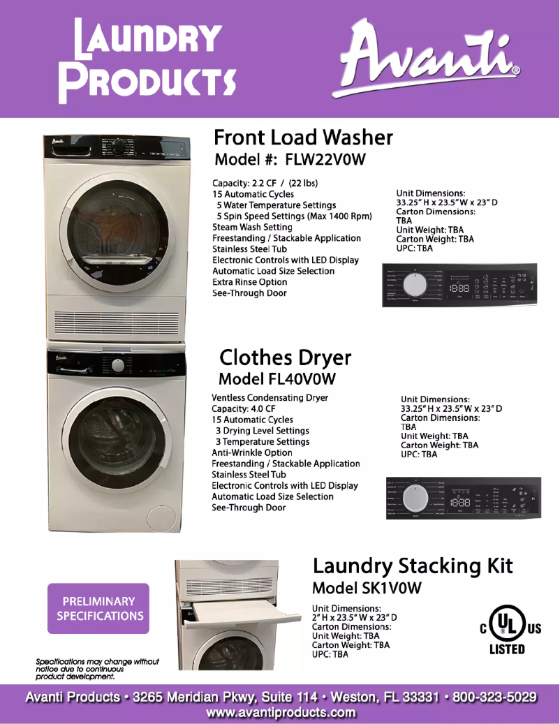 Page 1 de la notice Fiche technique Avanti FLW22V0W