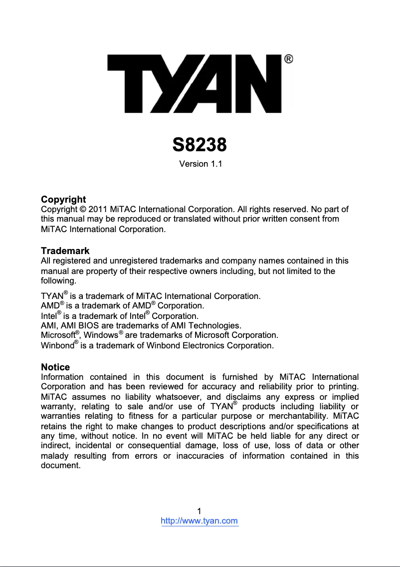 Page 1 de la notice Manuel utilisateur Tyan S8238