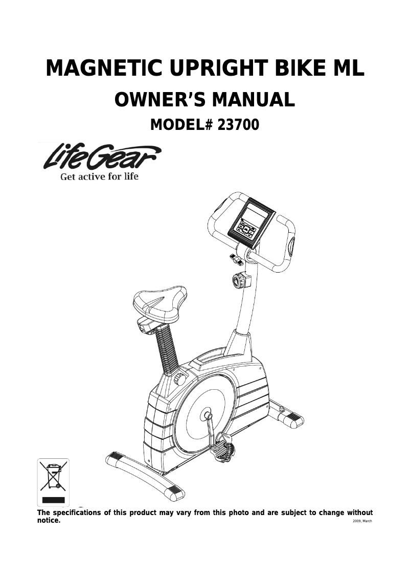 Page 1 de la notice Manuel utilisateur Life Gear Magnetic Upright Bike 23700