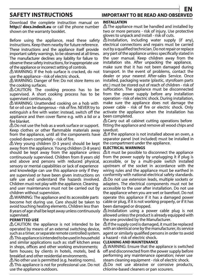 Page 1 de la notice Manuel d'utilisation et d'entretien Indesit AAR 160 C