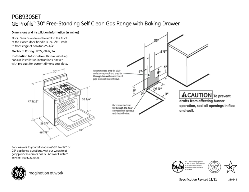 Page 1 de la notice Fiche technique GE Profile PGB930SETSS