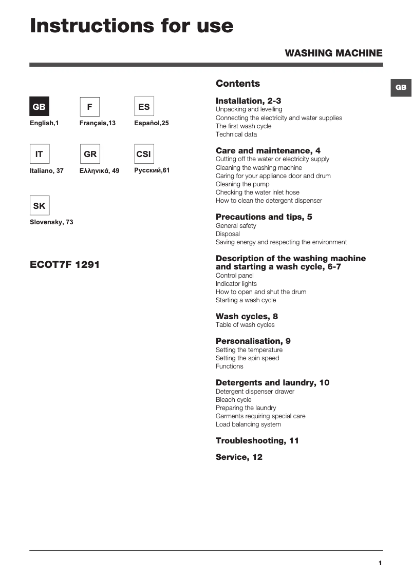 Page n°1 - Manuel utilisateur Hotpoint Ariston ECOT7F 1291 (EU)