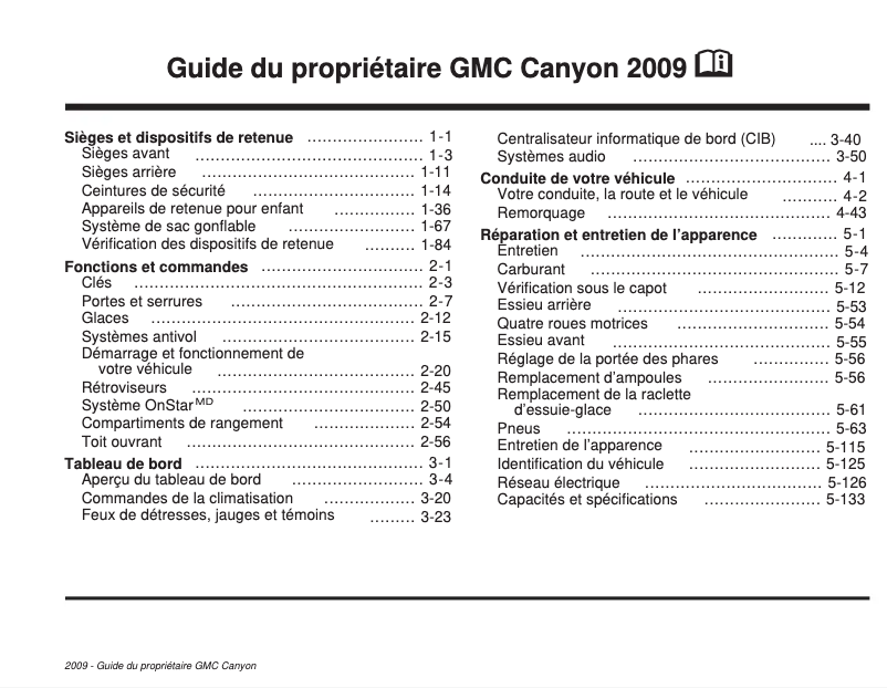Page 1 de la notice Manuel utilisateur GMC Canyon (2009)