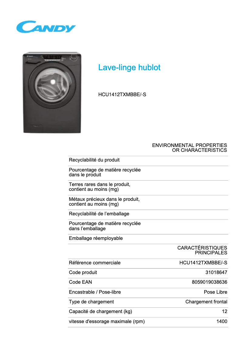 Page 1 de la notice Fiche technique Candy HCU1412TXMBBE/-S