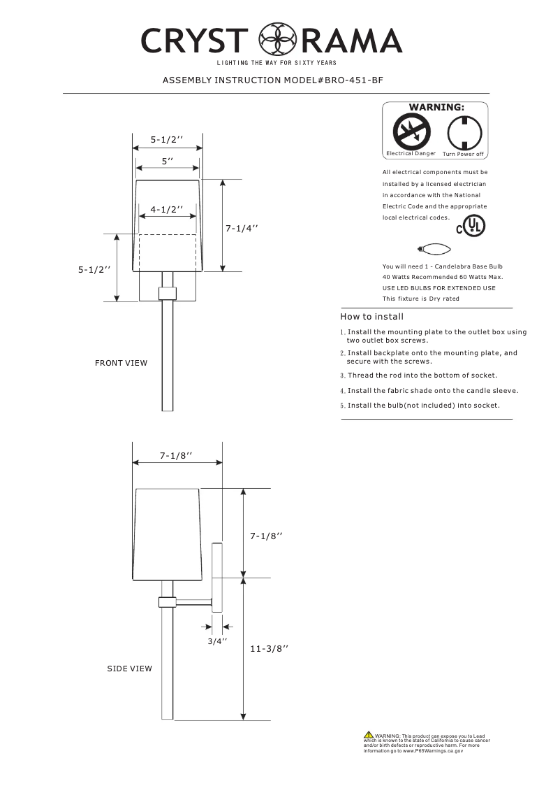 Page 1 de la notice Manuel utilisateur Crystorama Bromley BRO-451-BF