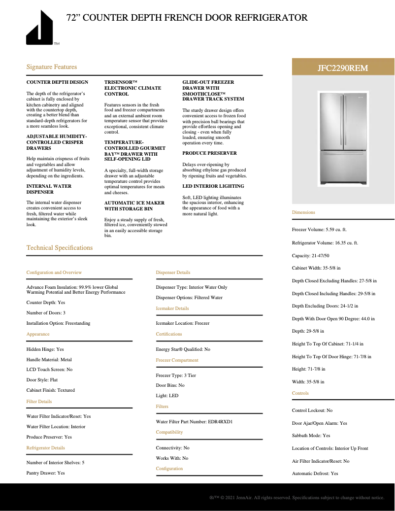 Page n°1 - Fiche technique JennAir JFC2290REM
