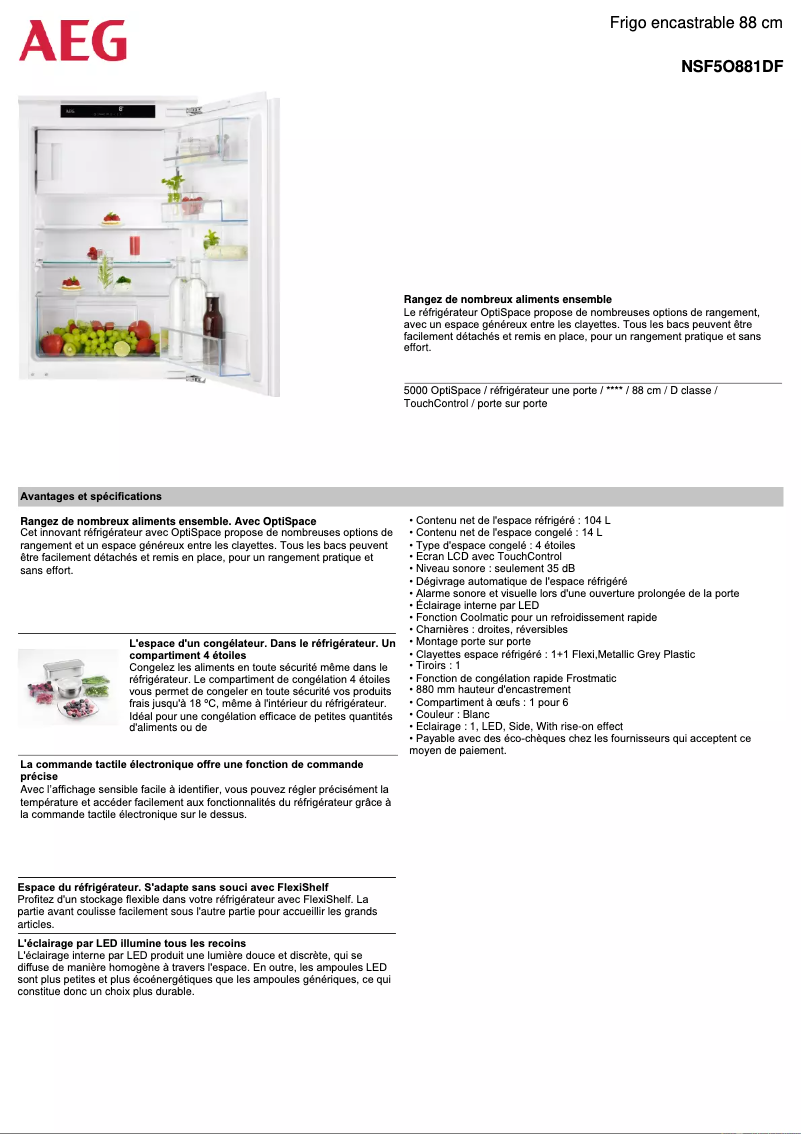 Page 1 de la notice Fiche technique AEG NSF5O881DF
