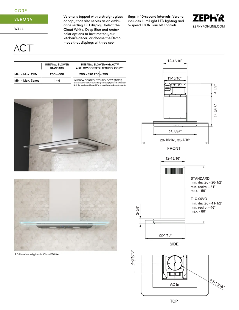 Page 1 de la notice Fiche technique Zephyr Verona ZVO-M90BG