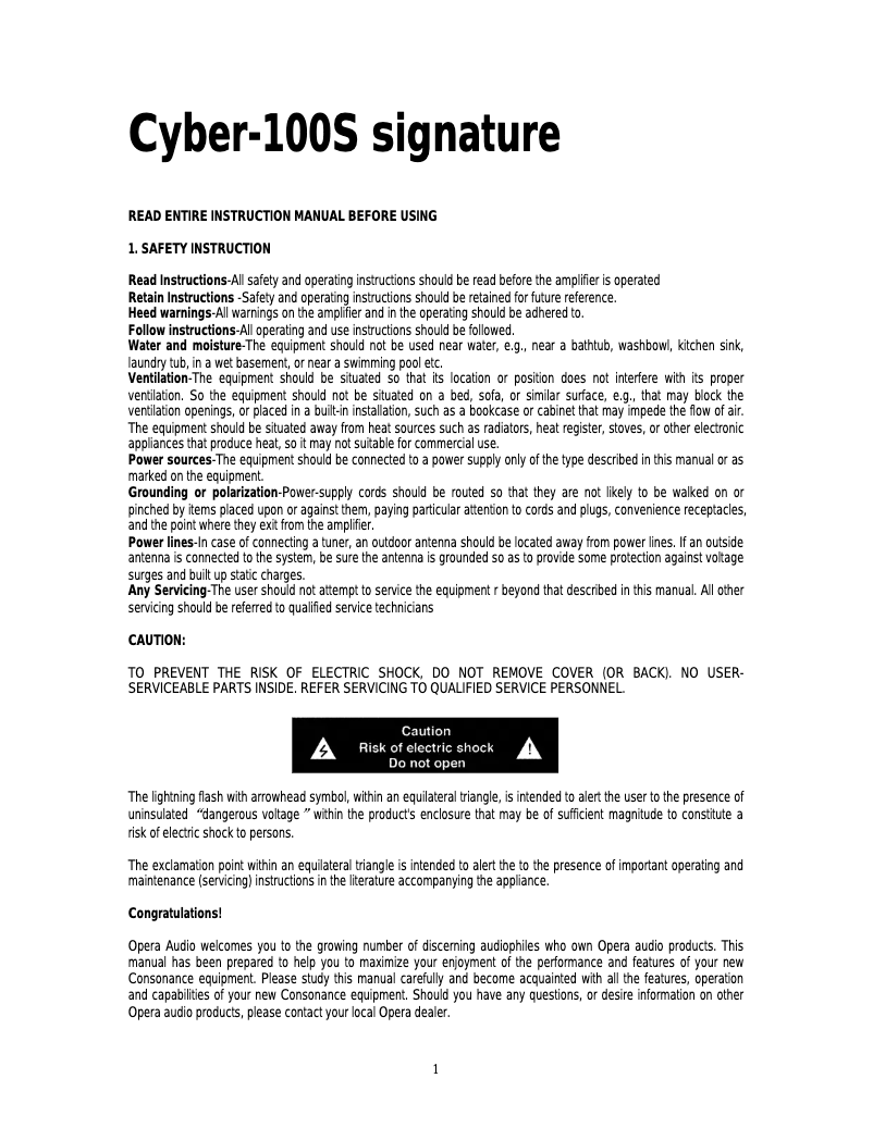 Page 1 de la notice Manuel utilisateur Opera-Consonance CYBER-100S Signature