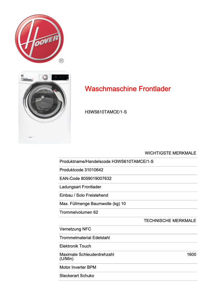 Image de la première page du manuel de l'appareil H3WS610TAMCE/1-S