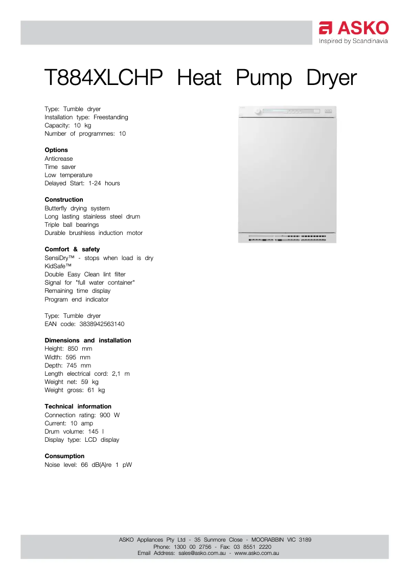 Page n°1 - Fiche technique Asko T884XLCHP