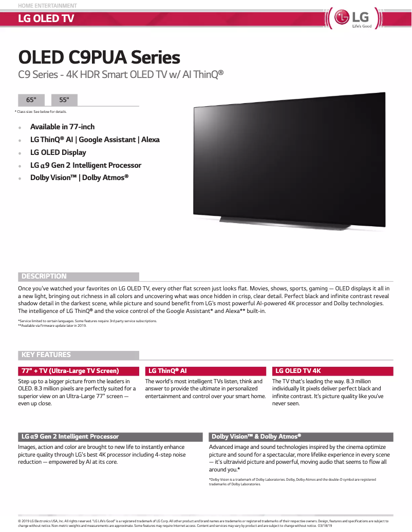Page 1 de la notice Fiche technique LG OLED55C9PUA