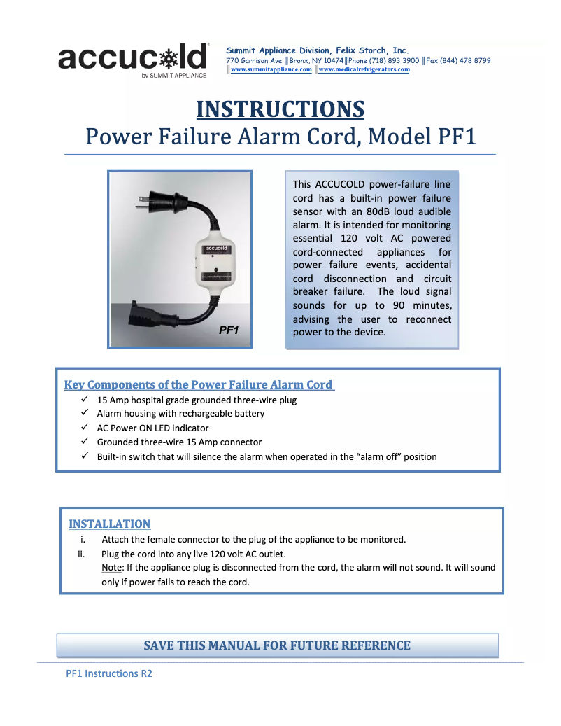 Page n°1 - Guide d'installation Summit Accucold PF1Kit