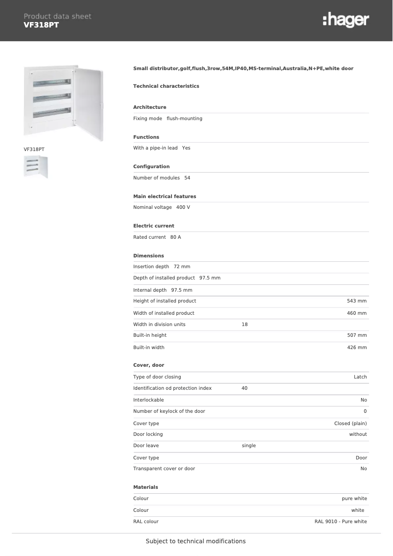 Page n°1 - Fiche technique Hager VF318PT
