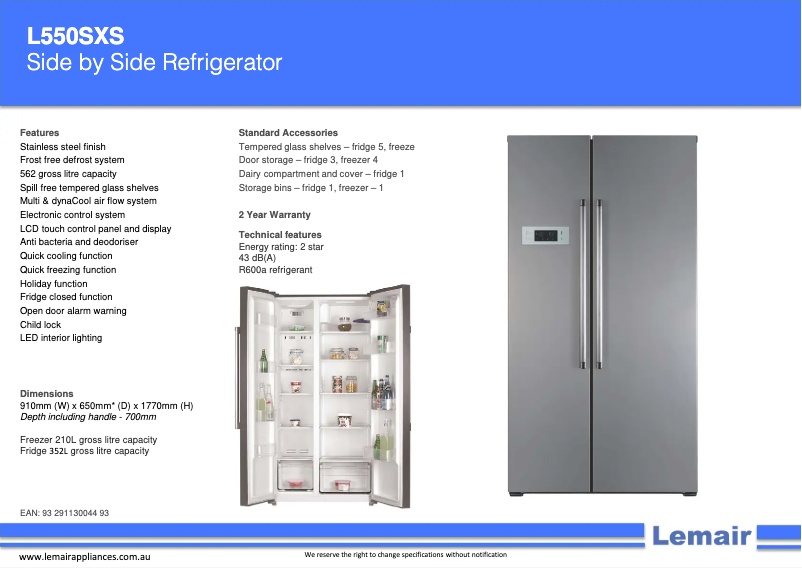 Page 1 de la notice Fiche technique Lemair L550SXS
