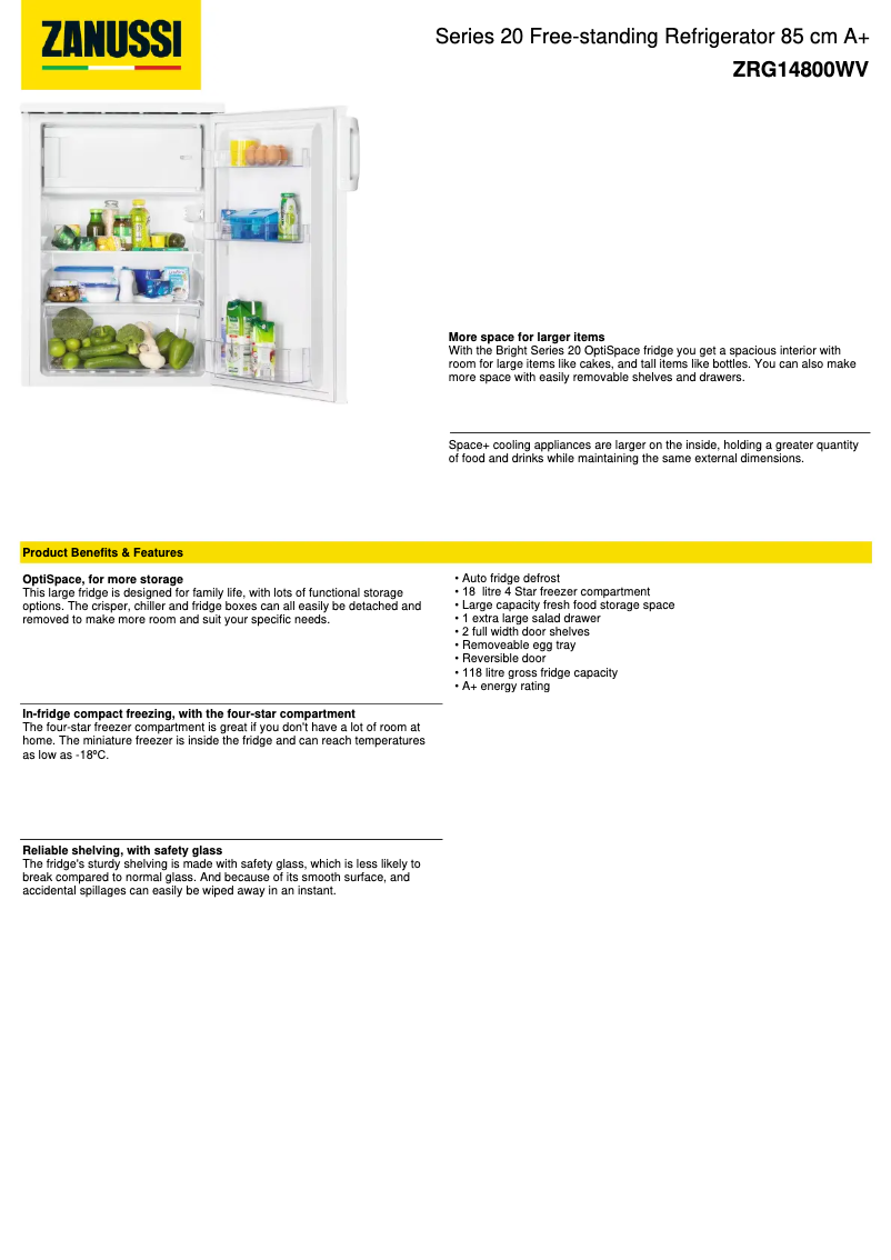 Page 1 de la notice Fiche technique Zanussi ZRG14800WV