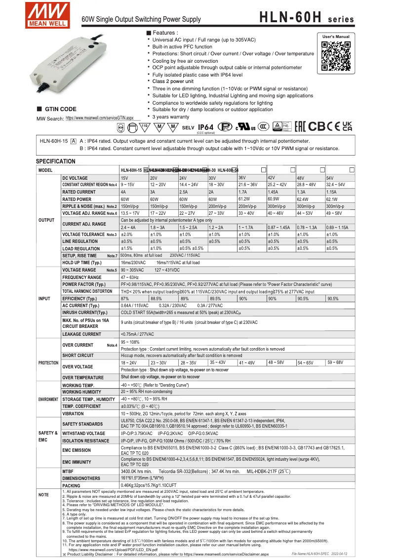 Page 1 de la notice Manuel utilisateur Mean Well HLN-60H-30A