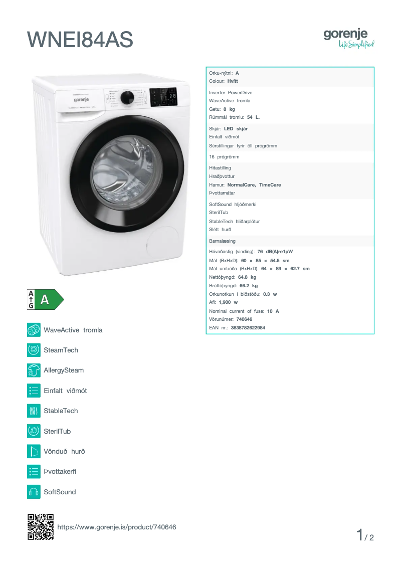 Page n°1 - Manuel utilisateur Gorenje WNEI84AS