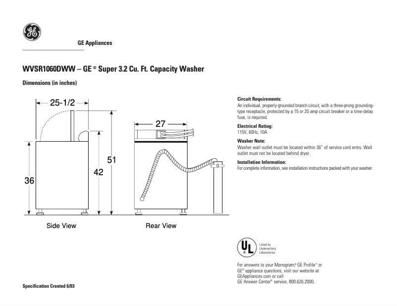 Page n°1 - Fiche technique GE WVSR1060DWW