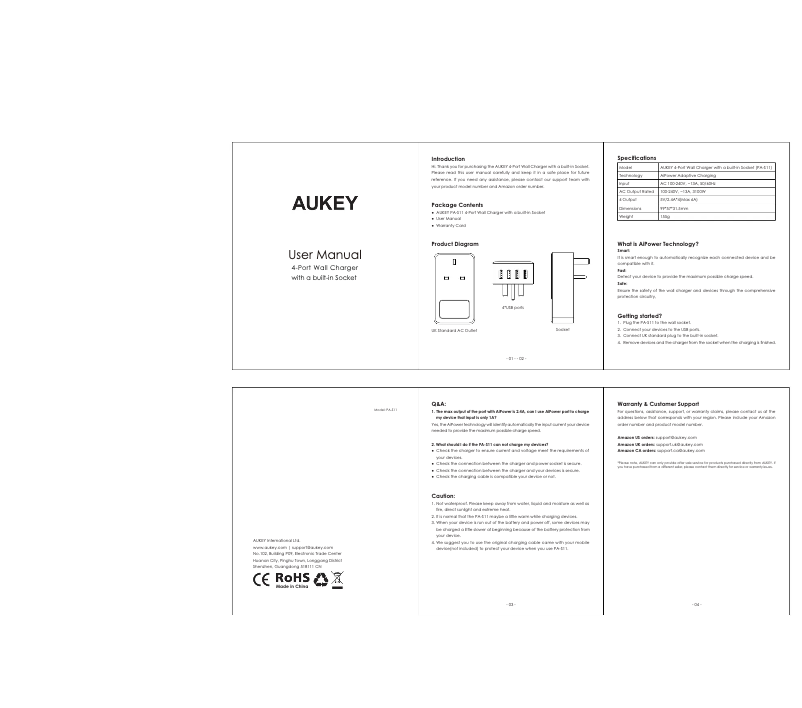Page 1 de la notice Manuel utilisateur Aukey PA-S11