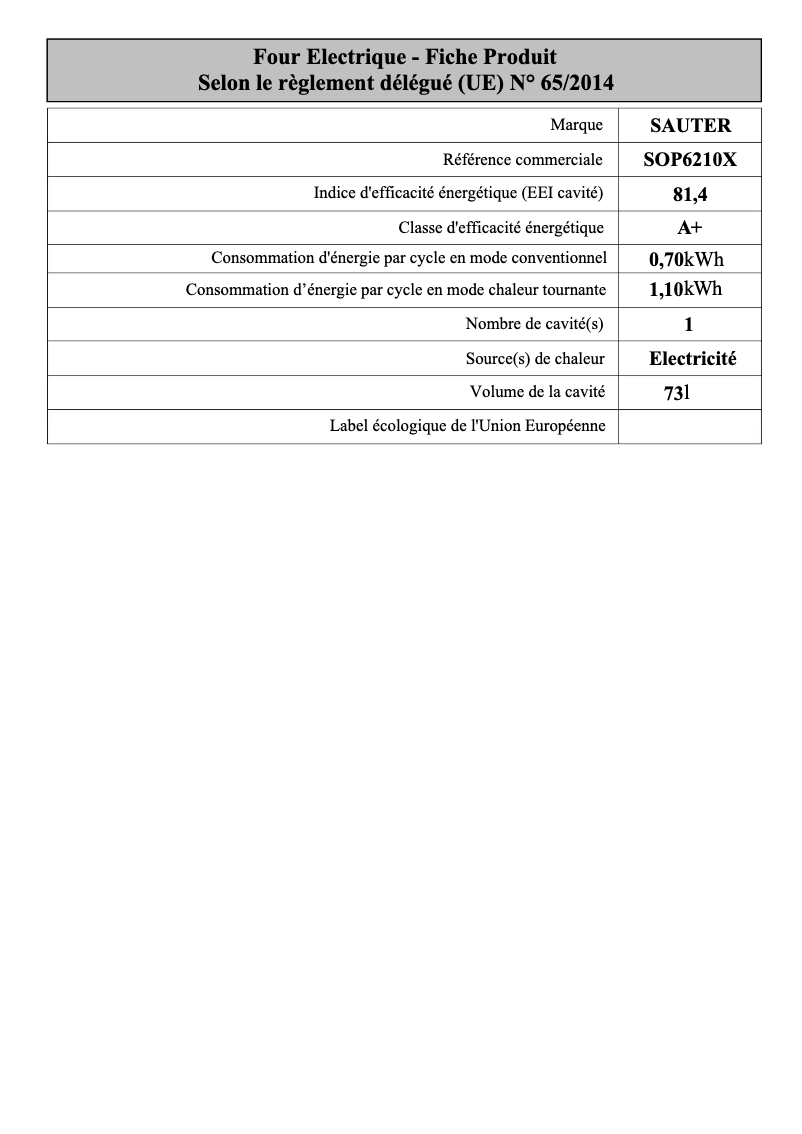 Page 1 de la notice Fiche technique Sauter SOP6210X