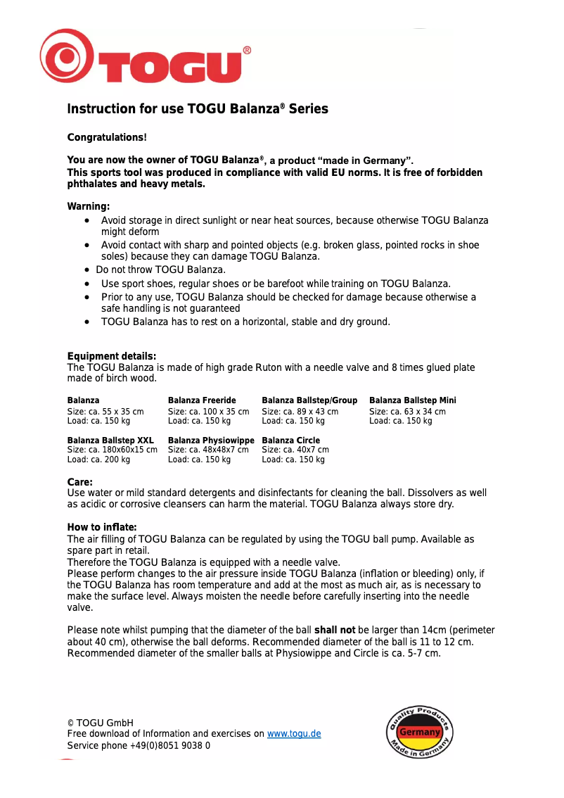 Page 1 de la notice Manuel utilisateur TOGU Balanza Freeride