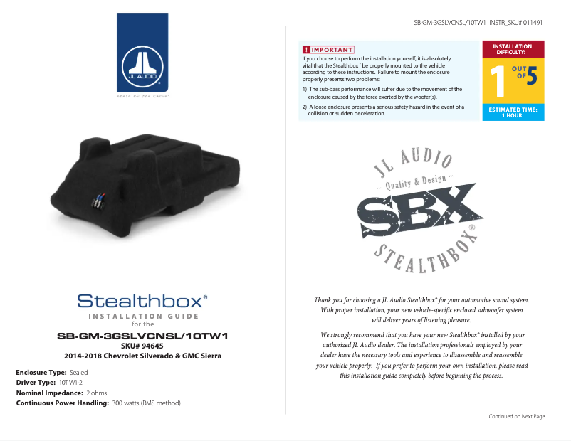Page 1 de la notice Manuel utilisateur JL Audio Stealthbox SB-GM-3GSLVCNSL/10TW1