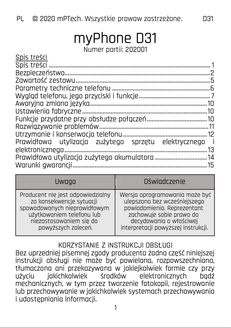 Page 1 de la notice Manuel utilisateur myPhone D31