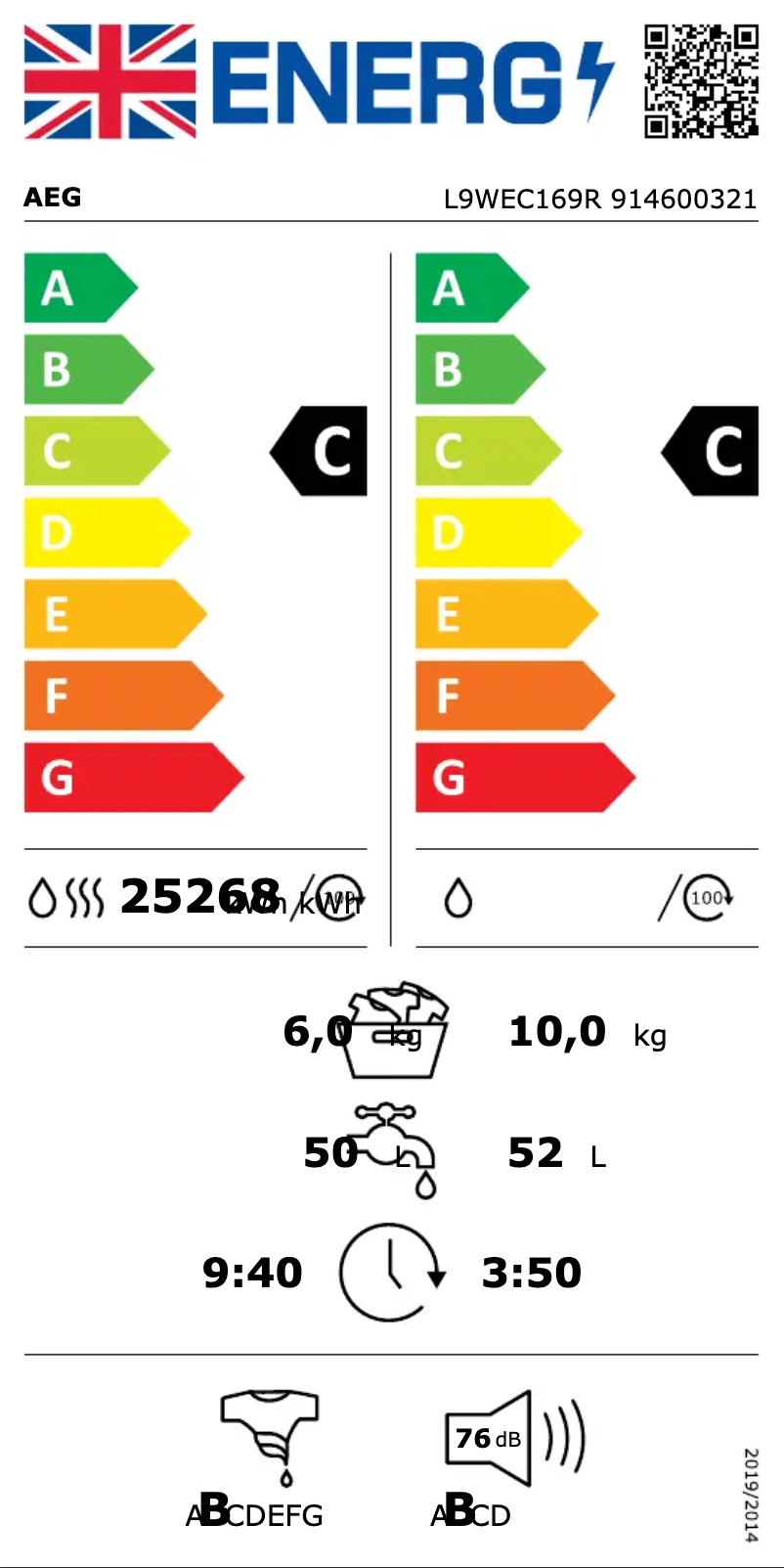 Page 1 de la notice Label énergétique AEG L9WEC169R