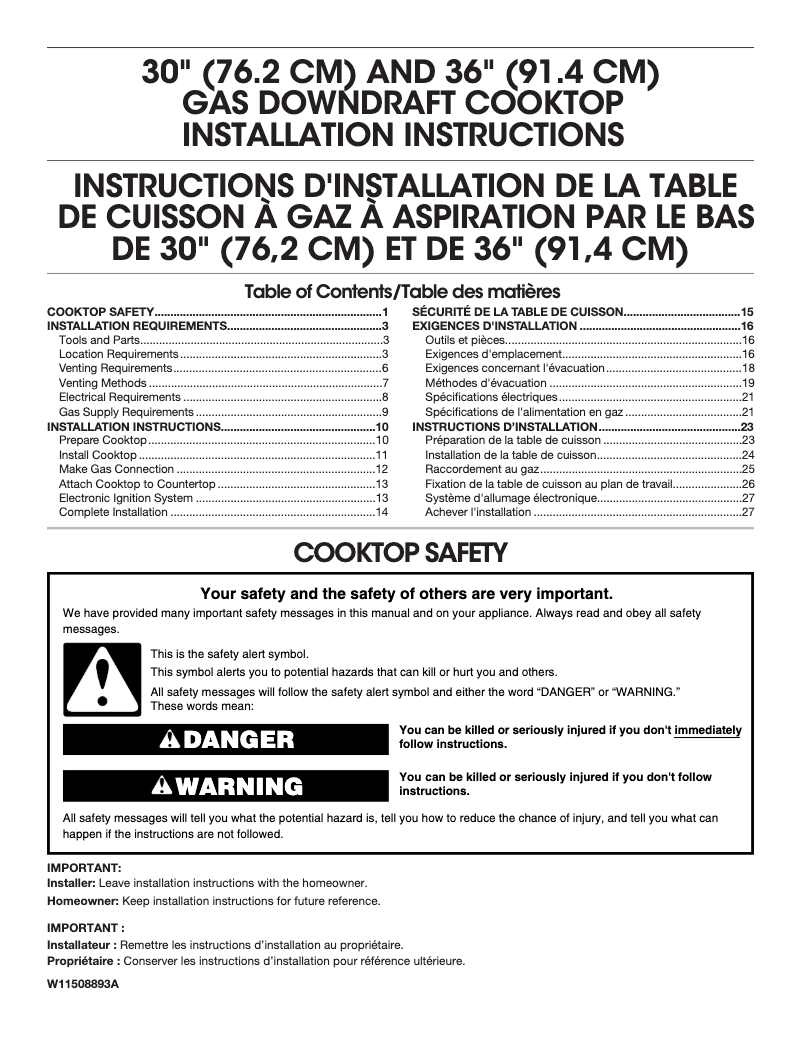 Page 1 de la notice Guide d'installation JennAir JGD3430GB