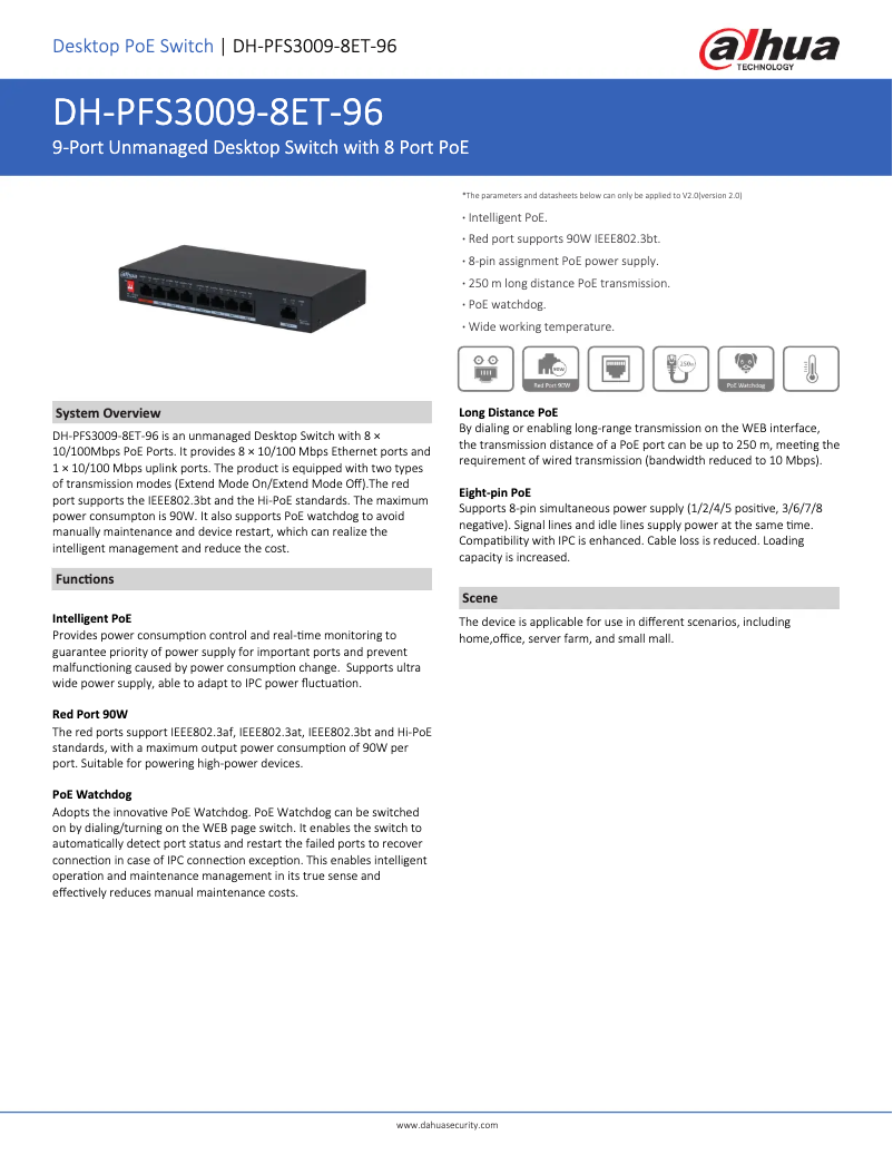 Page 1 de la notice Fiche technique Dahua Technology PFS3009-8ET-96