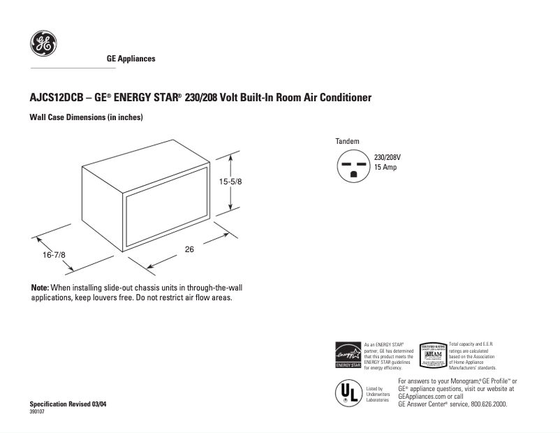 Page 1 de la notice Fiche technique GE AJCS12DCB