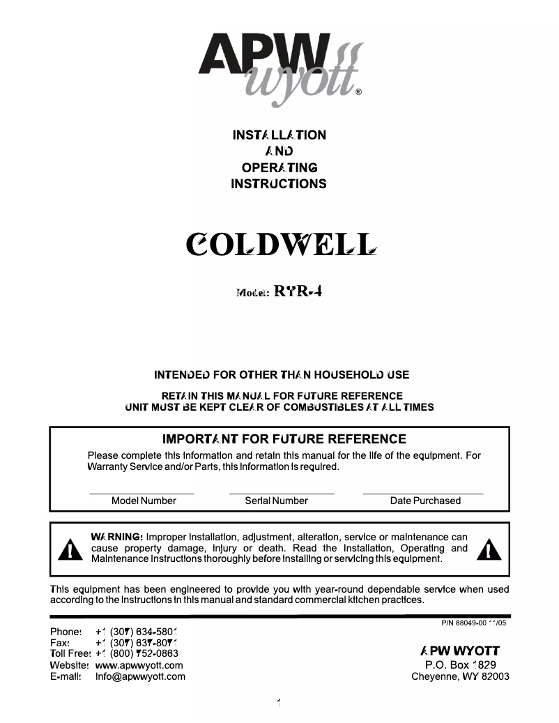Page n°1 - Manuel utilisateur APW Wyott RTR-4