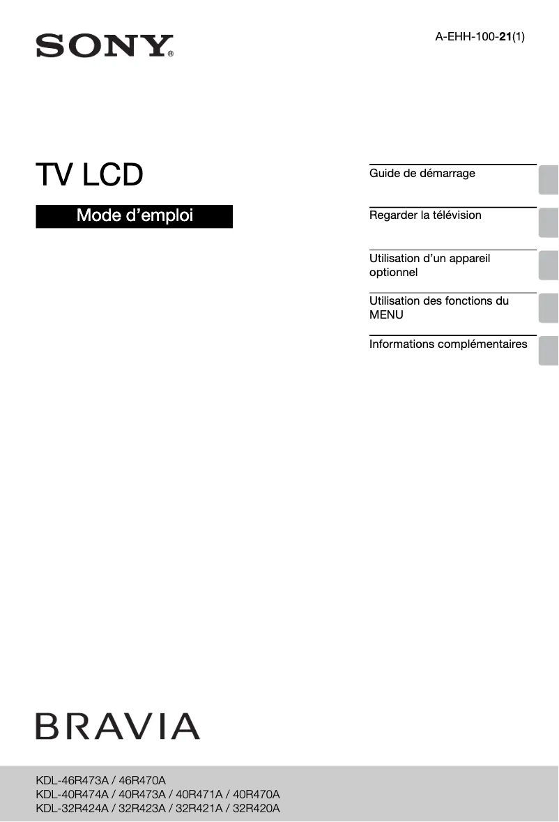 Page 1 de la notice Manuel utilisateur Sony KDL-32R423A