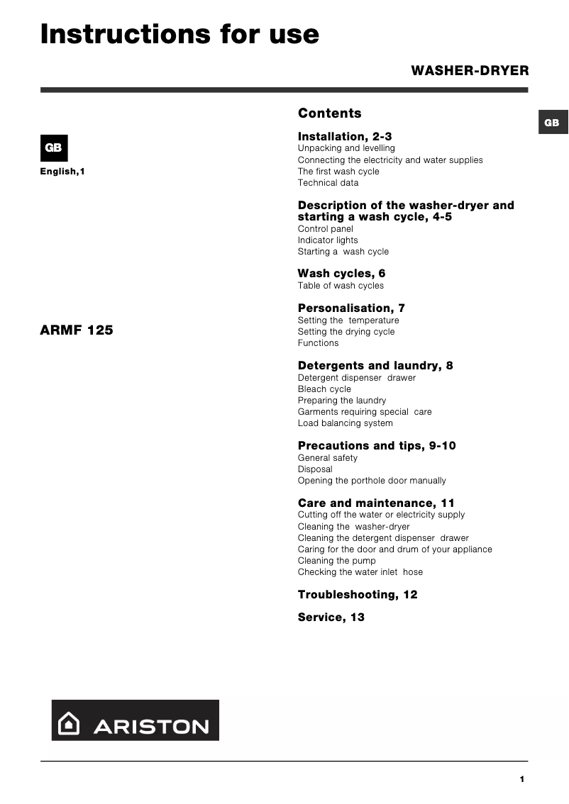 Page 1 de la notice Manuel utilisateur Ariston Thermo ARMF125