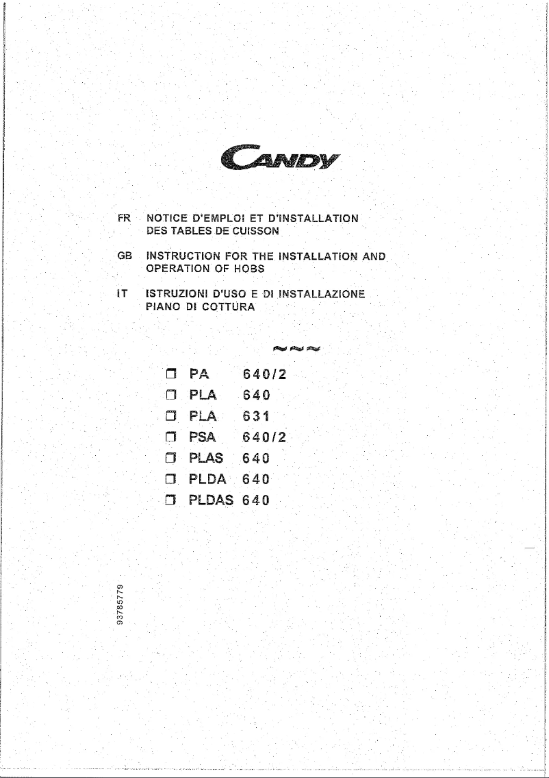Page 1 de la notice Manuel utilisateur Candy PA 640/1 AN UK