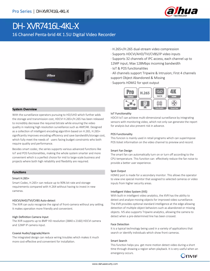 Page 1 de la notice Fiche technique Dahua Technology XVR7416L-4KL-X