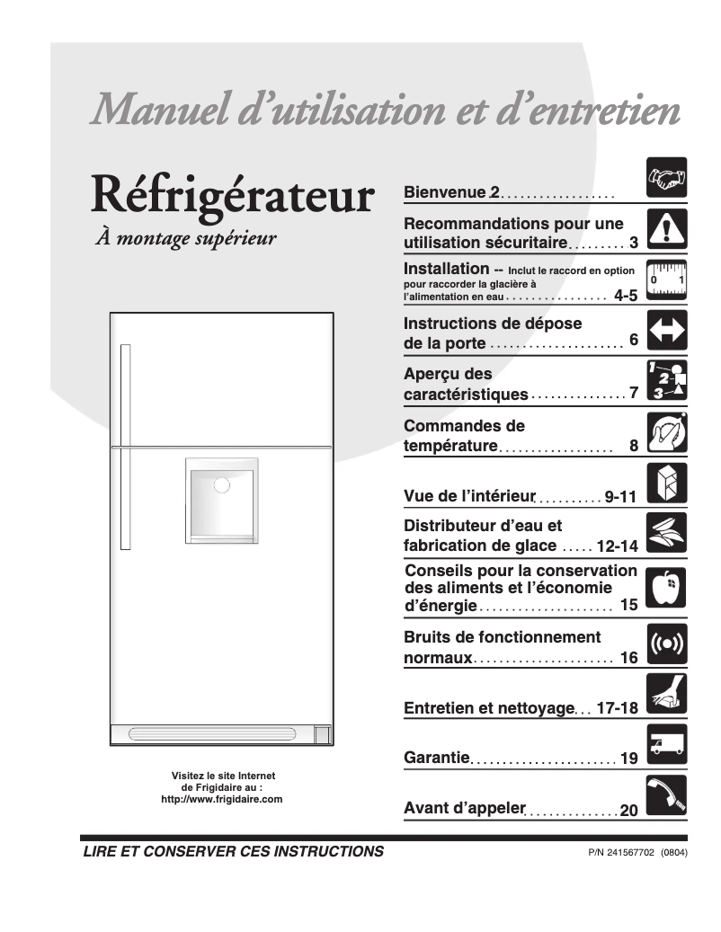 Page n°1 - Manuel utilisateur Frigidaire GLRT218WDK