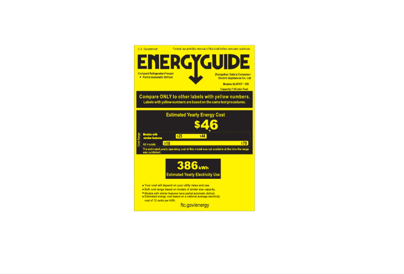 Page 1 de la notice Label énergétique Galanz GLR76TRDER