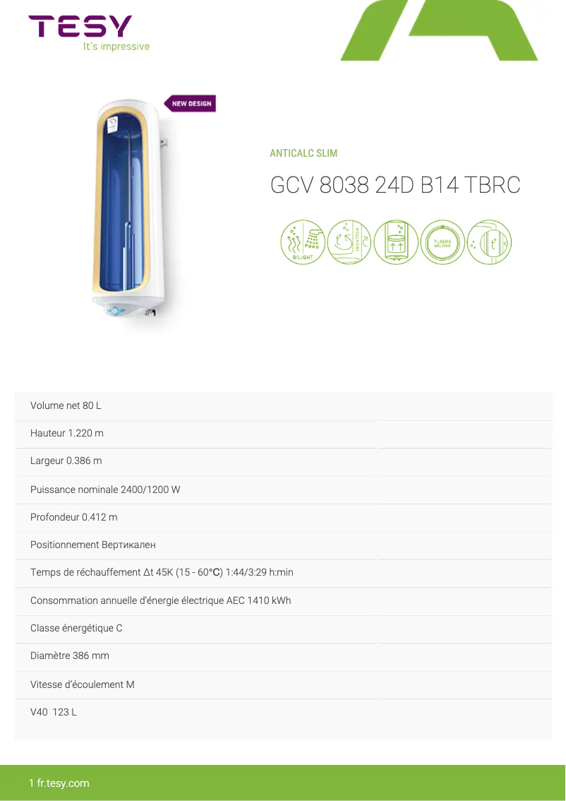 Page 1 de la notice Fiche technique Tesy Anticalc Slim 80