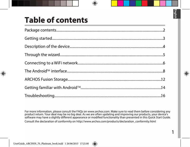 Page 1 de la notice Manuel utilisateur Archos Platinum 70